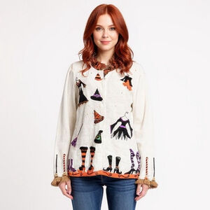 JTwo New York Vintage Witchy Halloween White Orange Cardigan - Medium